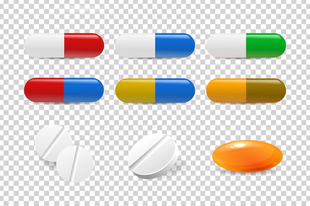 Geïsoleerde realistische pillen voor decoratie en bedekking op de transparante achtergrond. concept van geneeskunde, gezondheidszorg en artsenberoep.