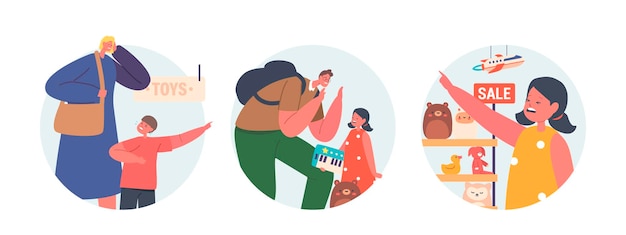 Geïsoleerde ronde iconen of avatars met verwende kinderen in een winkel die hun moeder en vader smeken om speelgoed te kopen