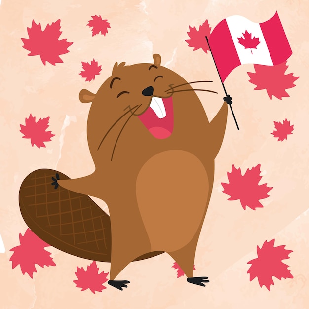 Geïsoleerde schattige bever met een vlag van Canada Happy Canada day Vector