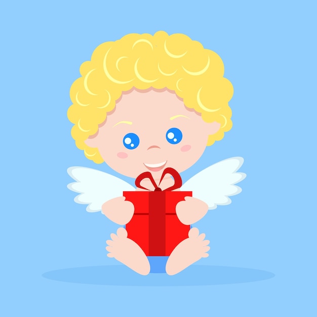 Vector geïsoleerde schattige cupido jongen in cartoon vlakke stijl in zittende pose met rode gift