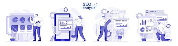 Vector geïsoleerde seo-analyseset in plat ontwerp mensen die de optimalisatie van sitegegevens analyseren, ontwikkelen strategie