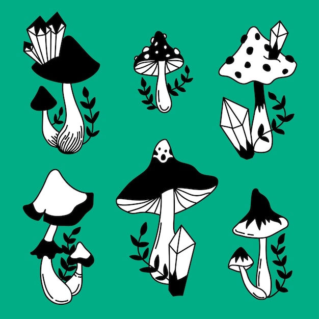 Vector geïsoleerde set cliparts van mystieke paddenstoelenzwam vector zwarte en witte paddenstoelen en paddenstoelen met magische kristallen en twijgen