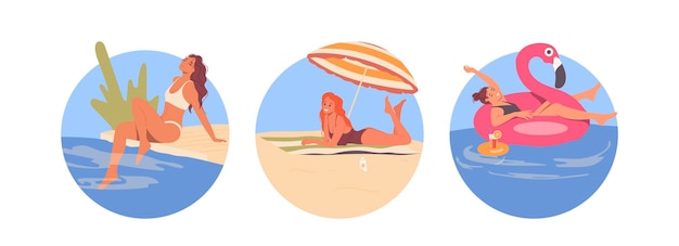 Geïsoleerde set met ronde samenstelling van ontspannende mensen stripfiguur rust nemen op zeekust rivieroever of zwembad Vector illustratie van gelukkige vakantie vrouw met leuke vrijetijdsbesteding