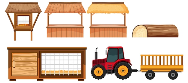 Geïsoleerde set van boerderij houten schuilplaats en tractor