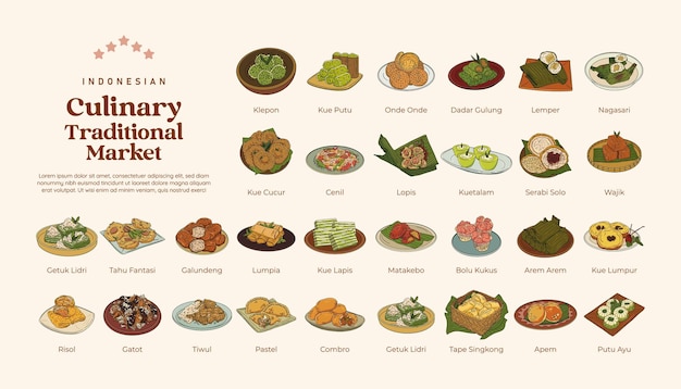 Geïsoleerde set van Indonesische culinaire traditionele markt snack eten hand getekende illustratie