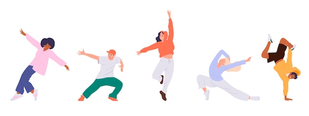 Geïsoleerde set van tiener breakdancer jonge bboy en vrouwelijke hiphop danser cartoon personage doen tricks en stunts bewegen freestyle tonen straat prestaties vector illustratie op witte achtergrond