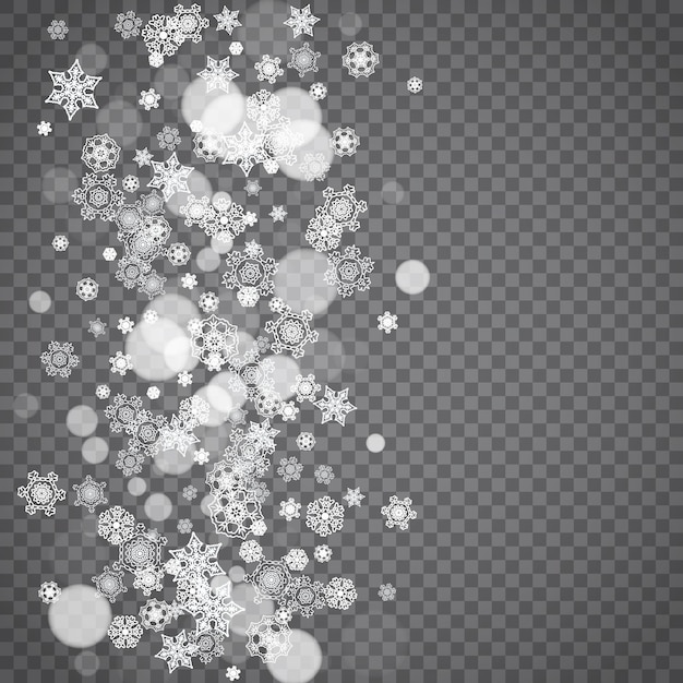 Geïsoleerde sneeuwvlokken op transparante grijze achtergrond Winterverkoop Kerstmis en Nieuwjaar ontwerp voor feestuitnodiging bannerverkoop Wintersneeuwvenster Magisch kristal geïsoleerde sneeuwvlokken Zilveren vlokken