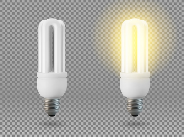 Geïsoleerde spaarlamp, object op een transparante achtergrond, het effect van licht en gloed. Realistisch 3D-object, symbool van creativiteit en ideeën. Concept voor zaken of opstarten.