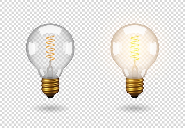 Geïsoleerde vintage gloeilamp, Edison lamp, object op een transparante achtergrond, het effect van licht en gloed. Realistisch 3D-object, symbool van creativiteit en ideeën. Concept voor zaken of opstarten.