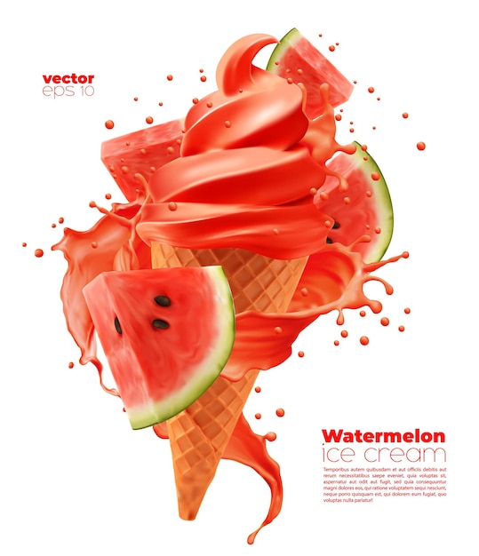 Geïsoleerde watermeloen softijs kegel en splash