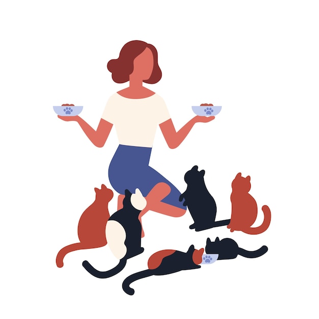 Gekke kattendame die haar huisdieren voedt. jonge vrouw met feeders met voedsel voor haar huisdieren. grappige stripfiguren geïsoleerd op een witte achtergrond. vectorillustratie in platte cartoonstijl.
