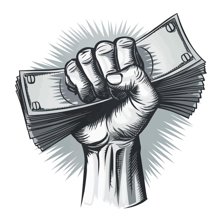 Vector geklemde vuist die een stapel dollarbiljetten vasthoudt en een sterke greep op het geld toont
