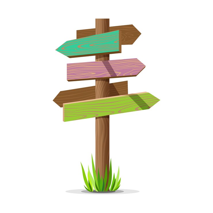 Vector gekleurd houten pijl leeg uithangbord. houten bord post concept met gras. bord aanwijzer illustratie geïsoleerd op een witte achtergrond