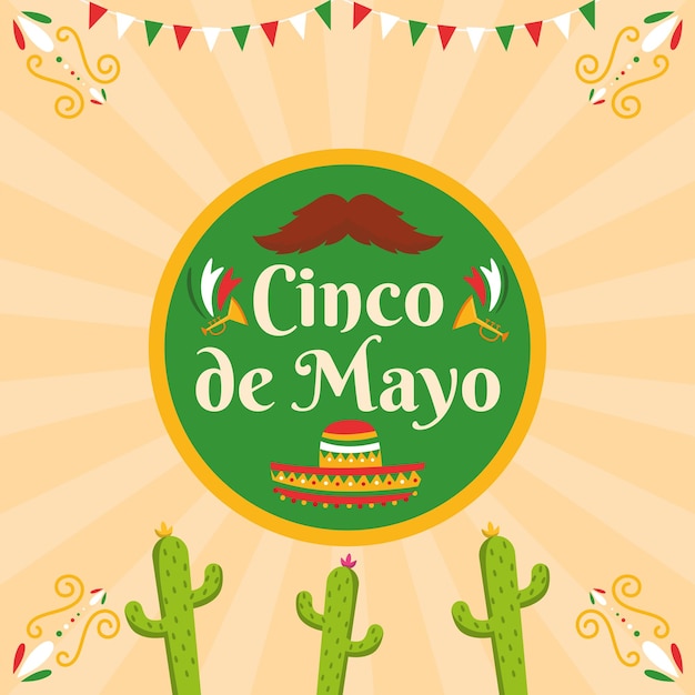 Gekleurde cinco de mayo label met snor en trompetten Vector