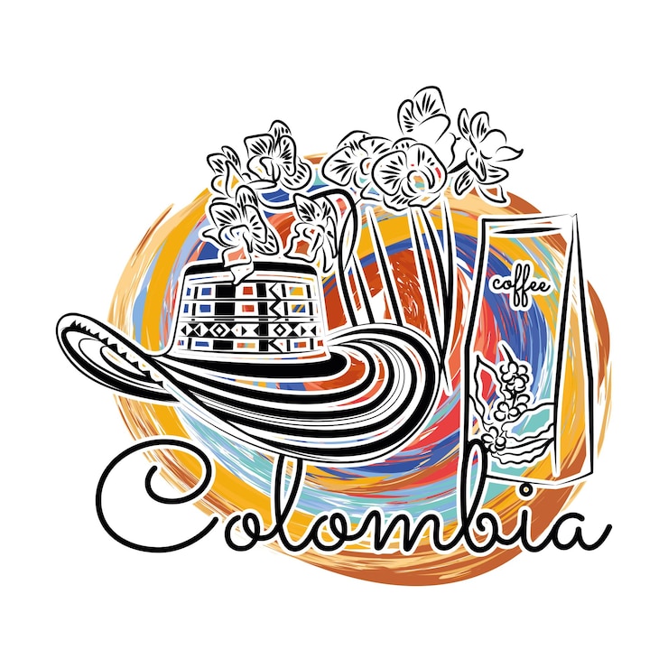 Vector gekleurde colombia-reispromotie met koffiebloemen en hoed vector