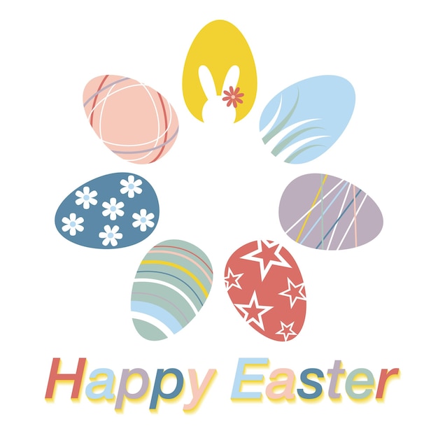 Gekleurde eieren cirkel met konijntje en tekst Happy Easter