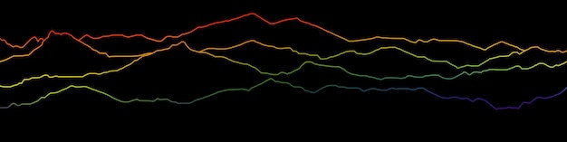 Gekleurde gebogen lijnen op een zwarte achtergrond, imitatie van bergketens, vectorontwerp, minimalisme