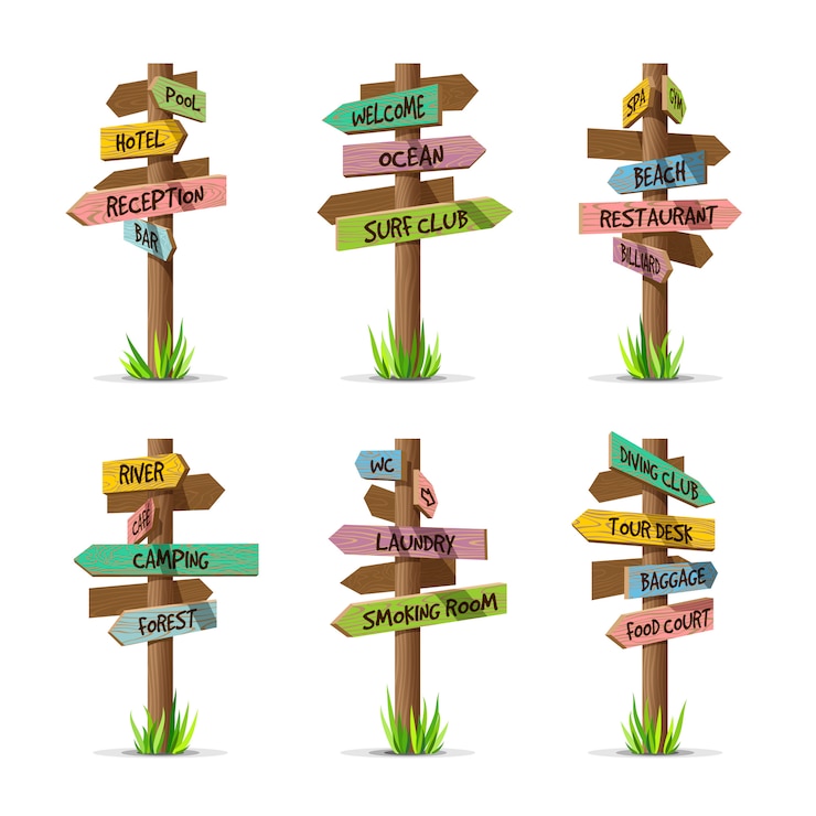 Vector gekleurde houten pijl uithangborden resort set