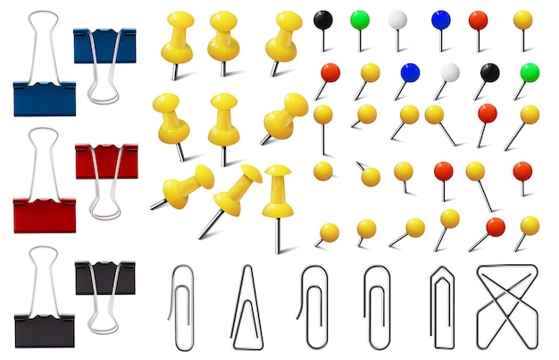 Vector gekleurde paperclips en spelden gekleurde verschillende punaises kaartkopspijkers en spelden