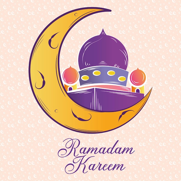 Gekleurde ramadam kareem poster met schets van maan en moskee Vector