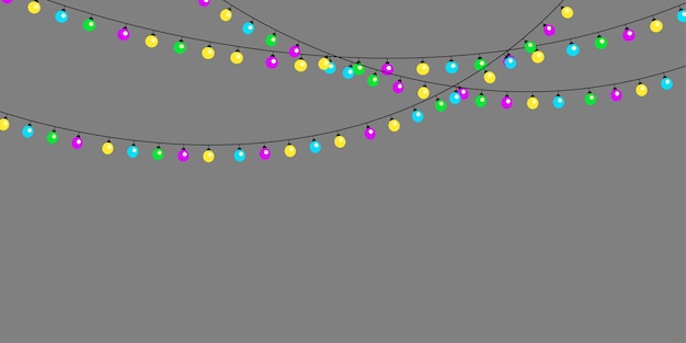 Gekleurde slingers van gloeilampen op een grijze achtergrond. Vector illustratie. EPS 10.