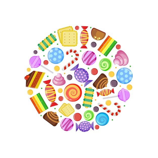 Vector gekleurde snoepjes. chocoladekarameltaarten fruitkoekjes en andere snoepjes in cirkelvorm