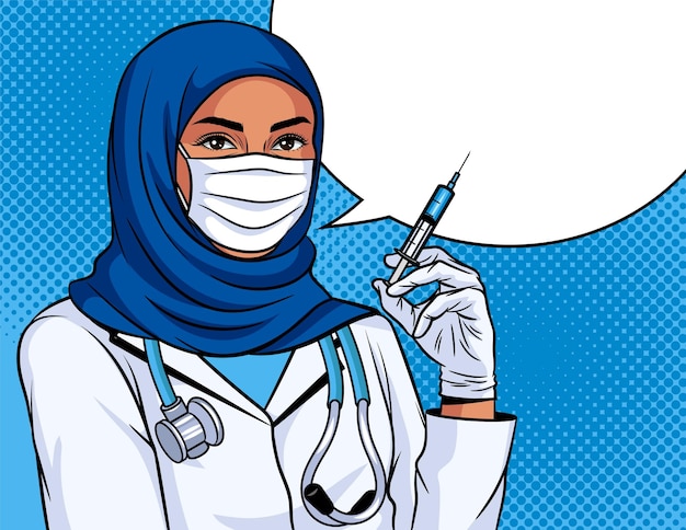 Gekleurde vectorillustratie in pop-art stijl. Vrouw arts met een spuit in haar hand. Vaccinatie poster. Moslimverpleegster die een traditioneel hoofddeksel draagt. Medische werker met beschermend masker op gezicht