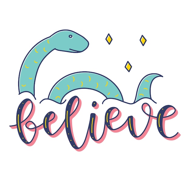 Gekleurde vectorillustratie met belettering geloven en doodle Loch Ness Monster