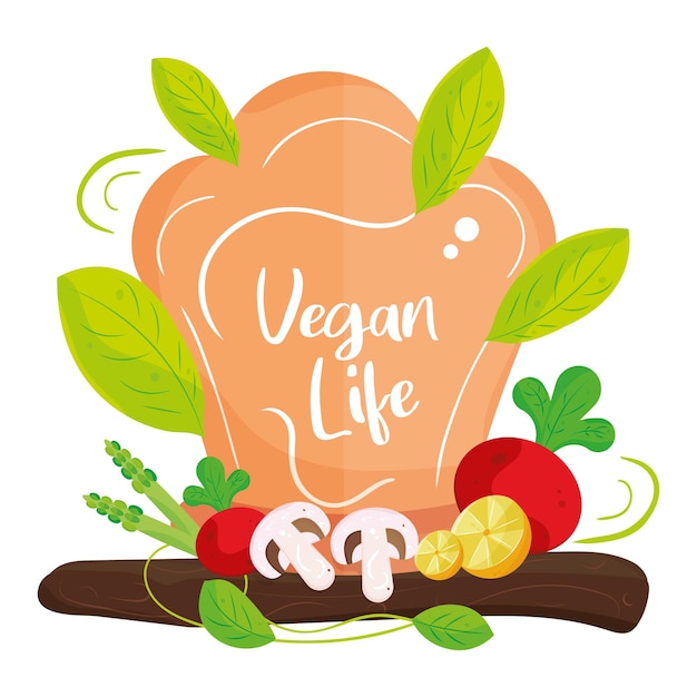 Vector gekleurde veganistische levensstijl poster met groenten en chef-kok hoed vectorillustratie