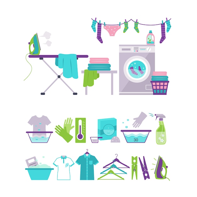 Gekleurde wassen en wasserij elementen in vlakke stijl illustratie set