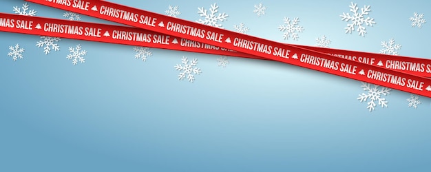 Vector gekruiste rode linten met papieren sneeuwvlokken voor grote kerstverkoop op blauwe achtergrond festive business banner design vector illustratie eps 10