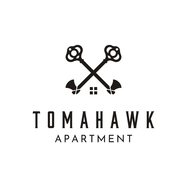 Gekruiste schedelsleutel met tomahawk axe en house roof window for home flatgebouw real estate lo