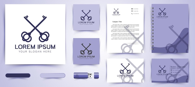 Gekruiste sleutel logo en visitekaartje branding sjabloon ontwerpen inspiratie geïsoleerd op witte achtergrond