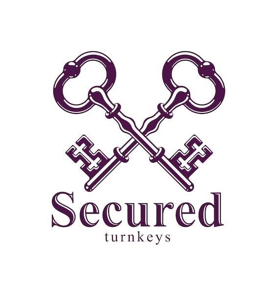 Gekruiste sleutels, vintage antieke turnkeys vector logo of embleem, beschermd geheim, elektronische gegevensbescherming, sleutels tot de hemel, hotellabel, geheim houden.