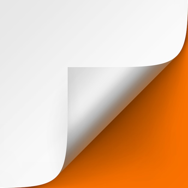 Vector gekrulde hoek van wit papier met schaduw close-up op oranje achtergrond
