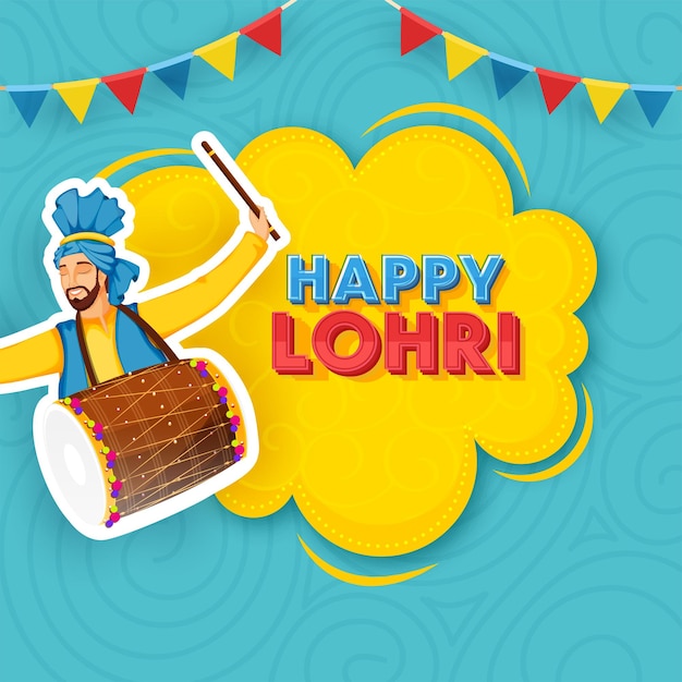 Gelaagde Happy Lohri-tekst over geel wolkenframe met sticker Punjabi-man die Dhol-trommel speelt en Bunting-vlaggen versierd op blauwe wervelingspatroonachtergrond