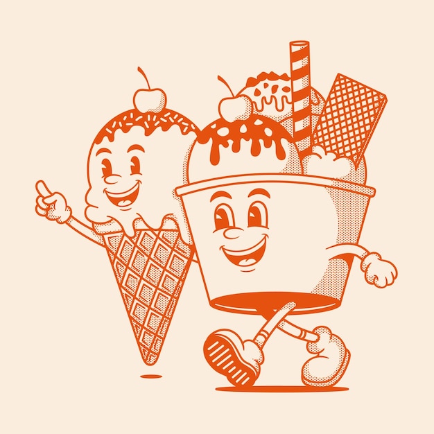 Vector gelato character ice ceam retro cartoon mascot character