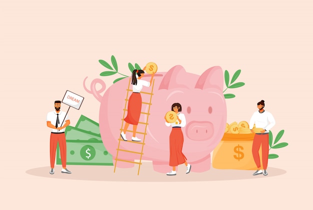 Geld besparen concept illustratie. Mannen en vrouwen die budget stripfiguren plannen voor webdesign. Bankstorting, toekomstige investering, pensioenfonds, financieel beheer creatief idee