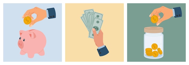 Geld besparen concept zakelijke investeringen en accumulatie geld hand getrokken vectorillustratie