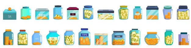 Vector geld doos tips iconen set cartoon vector glas donatie