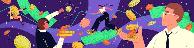 Geld en financiën concept Mensen uit het bedrijfsleven met contant geld in economie Rijke karakters die gouden dollars investeren Begroting en rijkdom Financiële geletterdheid welvaartsinvestering Platte vectorillustratie