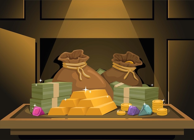 Geld goud en juwelen in bank locker donkere kamer cartoon illustratie vector