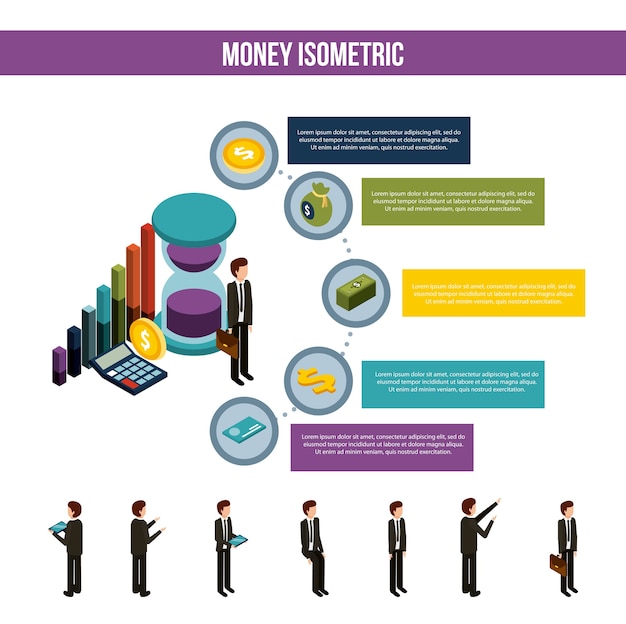 Vector geld isometrische infographic bedrijfsmensenstappen financiële pictogrammen