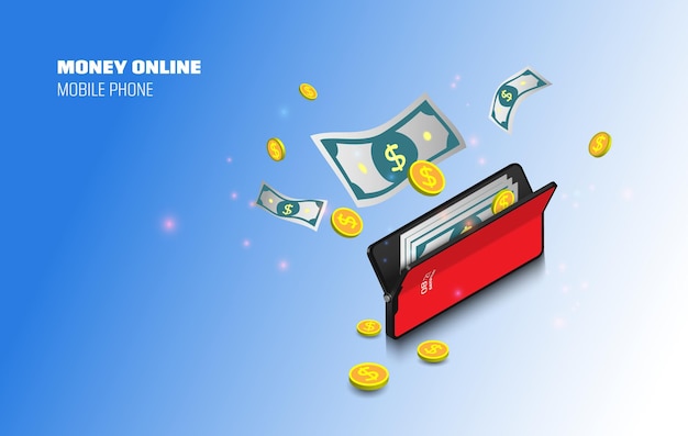 Geld online op mobiele telefoon, vectorontwerp Kapitaalstroom, geld verdienen of verdienen.
