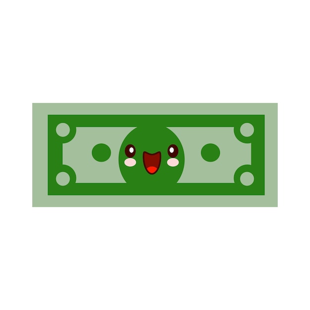 Geld stripfiguur lachend kawaii gezicht Zelfverzekerde groene dollar in vlakke stijl Financiële kracht concept Vectorillustratie