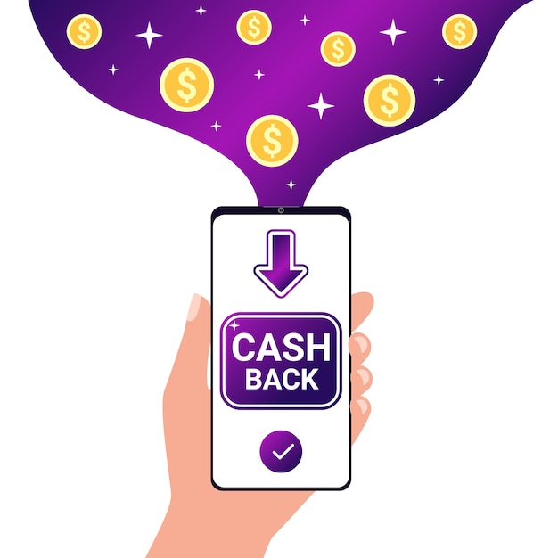 Geld terug. Terugbetaling, contant geld terug naar smartphone. Belonen, bonus, geld, winst, retourconcept.