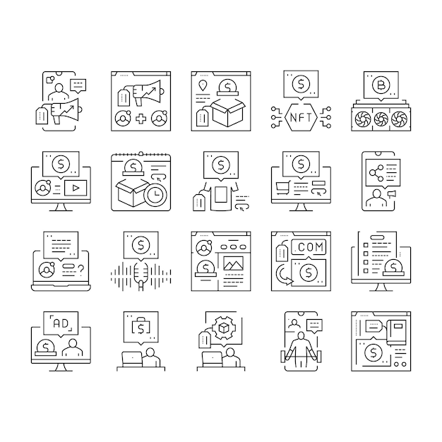 geld verdienen internet geld online pictogrammen set vector