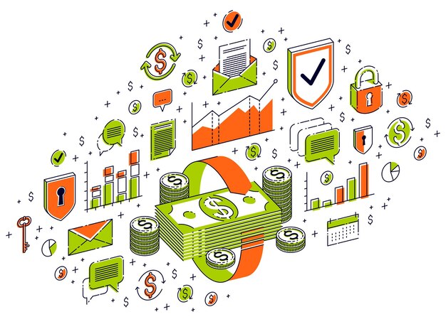 Geldcirculatie, rendement op investering, valutawissel, geld terug, geldteruggave, concepten kunnen worden gebruikt. vector 3d isometrische bedrijfsillustratie met pictogrammen, statistieken grafieken en ontwerpelementen.