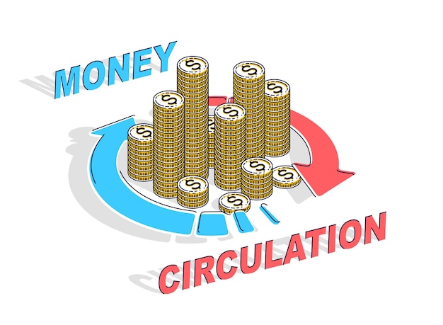 Geldcirculatieconcept, contant geldstapel met radiale luspijlen rond. Vector 3d isometrische zaken en financiën illustratie, dunne lijn ontwerp.