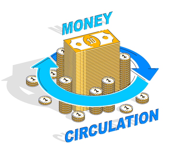 Geldcirculatieconcept, contant geldstapel met radiale luspijlen rond. Vector 3d isometrische zaken en financiën illustratie, dunne lijn ontwerp.